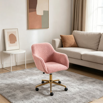 Modern Adjustable Height 360 Revolving Home Office Chair With Teddy Fabric, Gold Metal Legs, And Universal Wheels, Pink