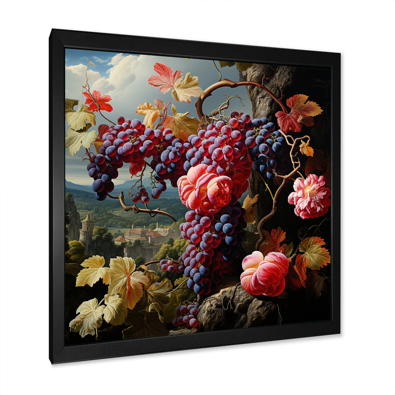 Peinture Renaissance d'un fruit de raisin I - fruits, art mural, Cadre photo noir, H 16 po x l 16 po x P 1 po