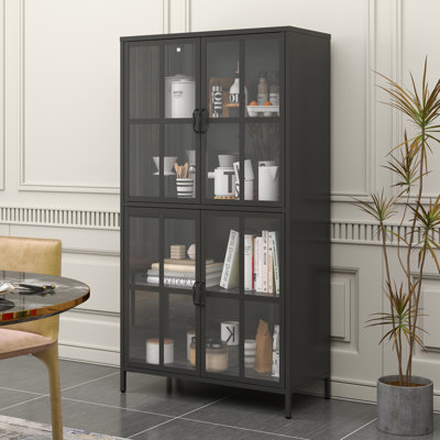Premium Black Metal Storage Cabinet With Tempered Glass Doors, Adjustable Shelves, Anti-Tipping Device, Magnetic Silent Closure, And Adjustable Feet For Home And Office Use