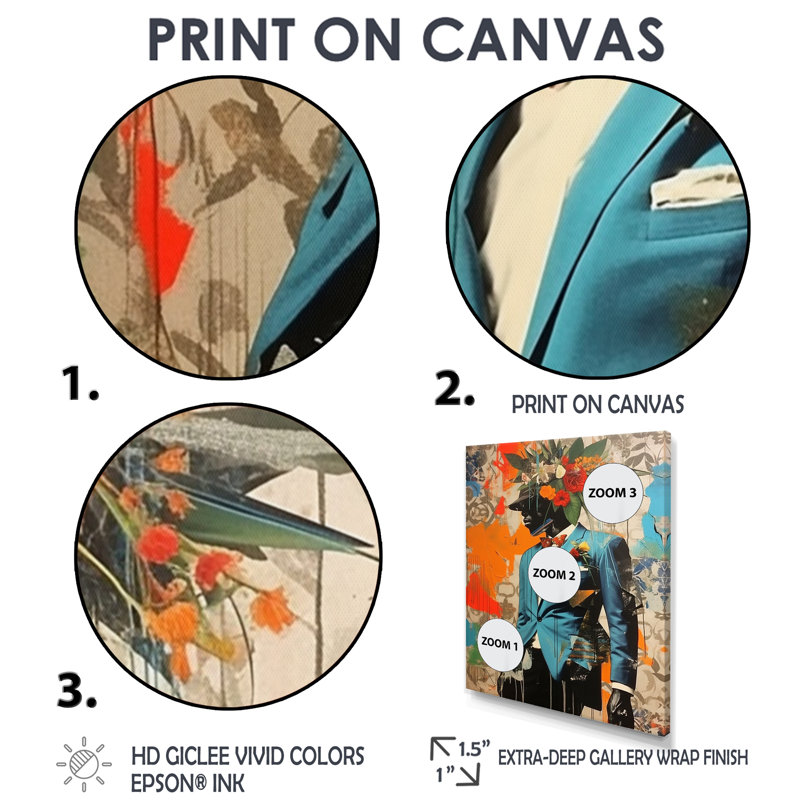 «Flower Man With suit Collage - Fashion Man», art mural, Toile tendue, H 40 po x l 30 po x P 1,5 po
