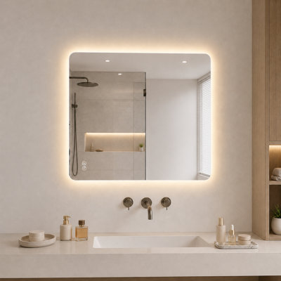 Miroir de salle de bain rectangulaire rétro éclairé à DEL sans cadre 32 po x 28 po avec antibrouillard, 3 lumières à intensité variable et commande tactile