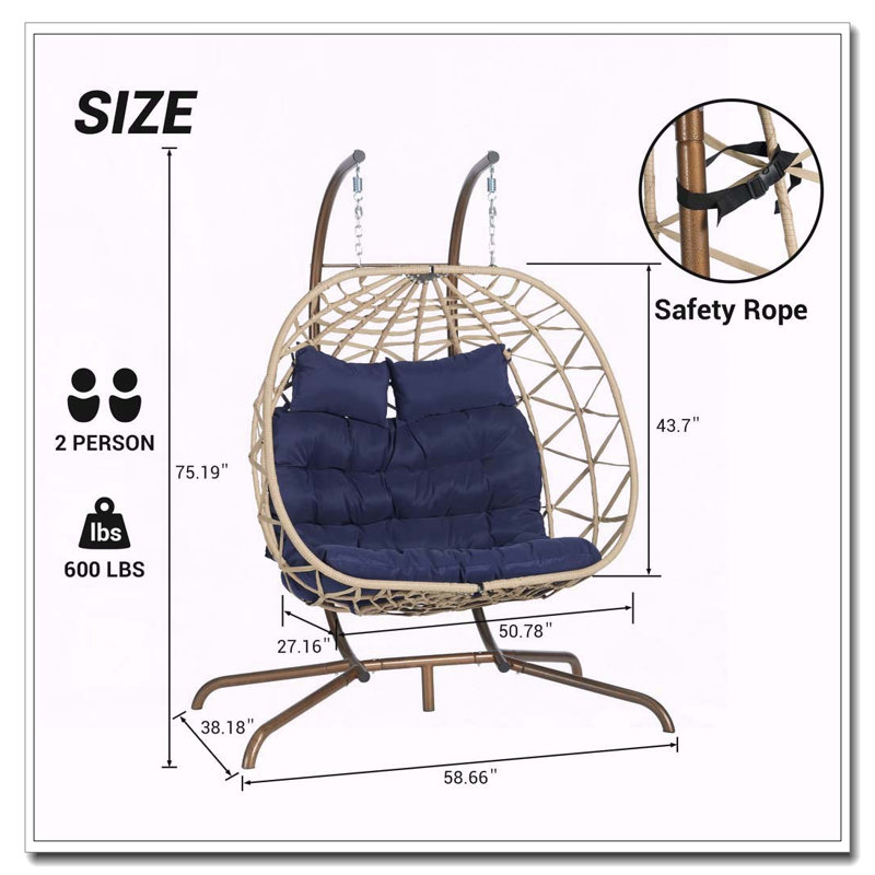 Double fauteuil à œufs suspendu avec support et coussins résistants aux rayons UV, bleu foncé, Bleu très foncé, Naturel