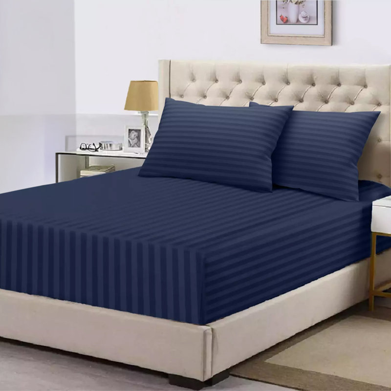 Spevek Soft & Cozy 40cm Extra Deep Pocket Microfiber Striped Fitted Sheet, Super King (180 x 200 cm), Navy