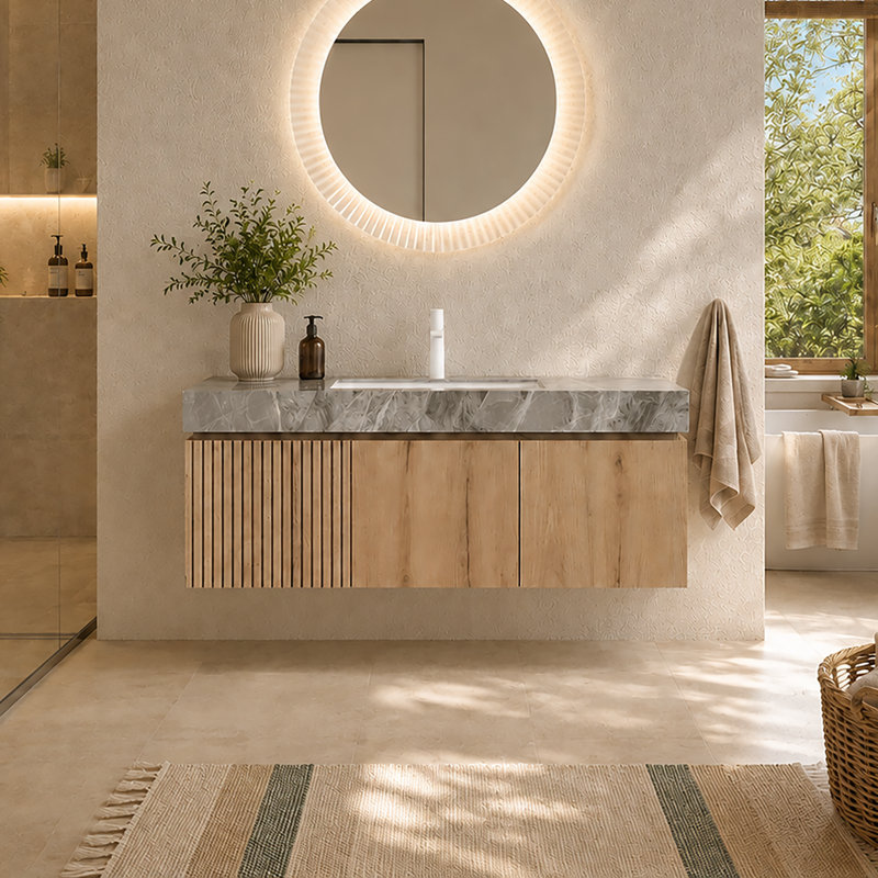 Alba 48" Wall Mounted Bathroom Vanity With Sink, White Oak Floating Cabinet With Drawer & Doors, Light Gray Sintered Stone Top,Pre-Assembled