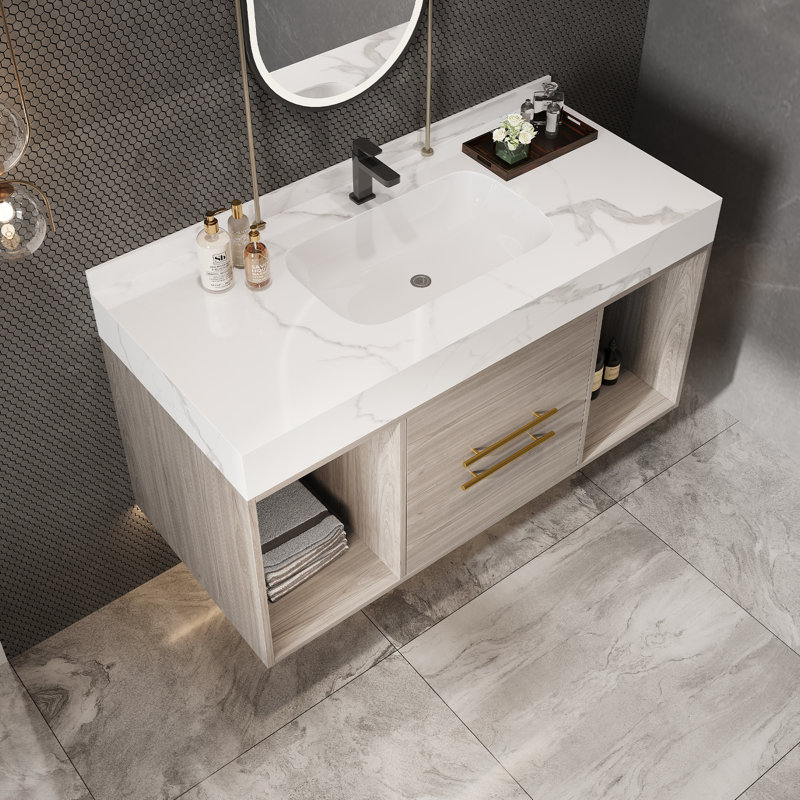 Floating Bathroom Vanity With Sink, Tan