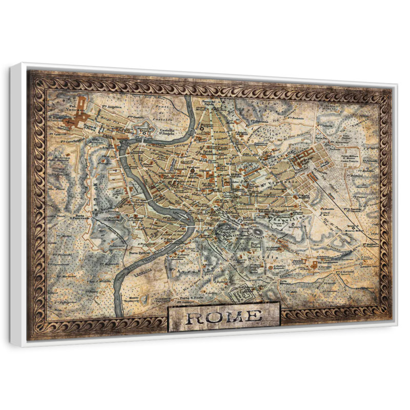 Carte rétro de la ville de Rome, Cadre flottant blanc, 46 po x 31 po