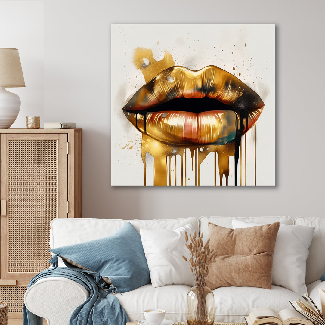 Gold Lips Of Luxury I - Fashion Canvas Wall Art Mercer41 