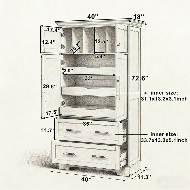 Farmhouse Freestanding 40''X18''x72.6'' Kitchen Pantry, 4 Doors Dining Storage Cabinet With Pull-Out Trays, Drawers And Cake Pan Storage Organizer