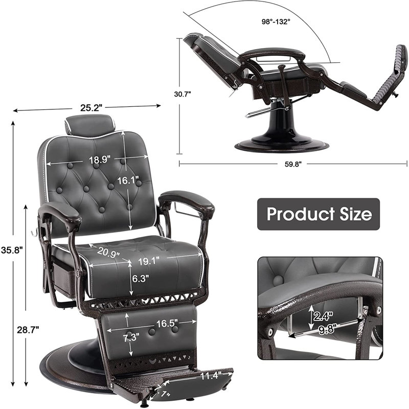Fauteuil de coiffeur inclinable de 25,2 po de large Ezias, Cuir gris assorti