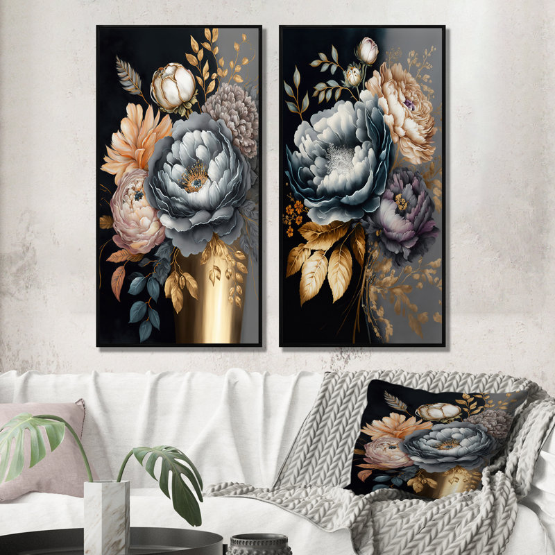 «Blue Blooming Bouquet II», 2 pièces sur toile, H 32 po x l 32 po, Cadre noir