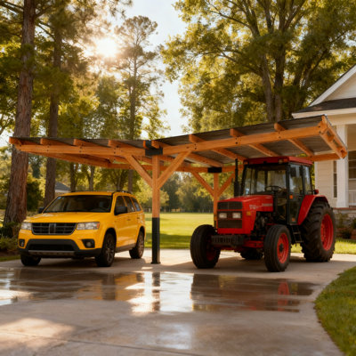 24,5 pi L 16,6 pi. D Abri de voiture en bois avec toit en acier galvanisé