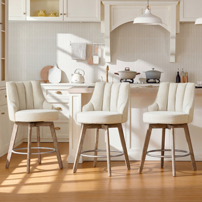 Counter Height Bar Stools,Swivel Bar Stools with Backs,Barstools Set of 3,26'' Solid Wood Legs,Thick Seat Upholstered Linen Fabric Counter Height Stools in Beige