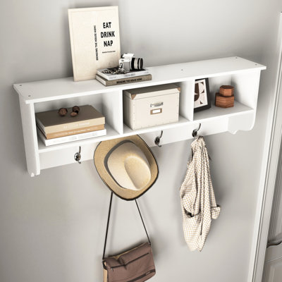 White Entryway Coat Rack With 4 Hooks And Efficient Wooden Storage Shelf Wall Mounted Dependable