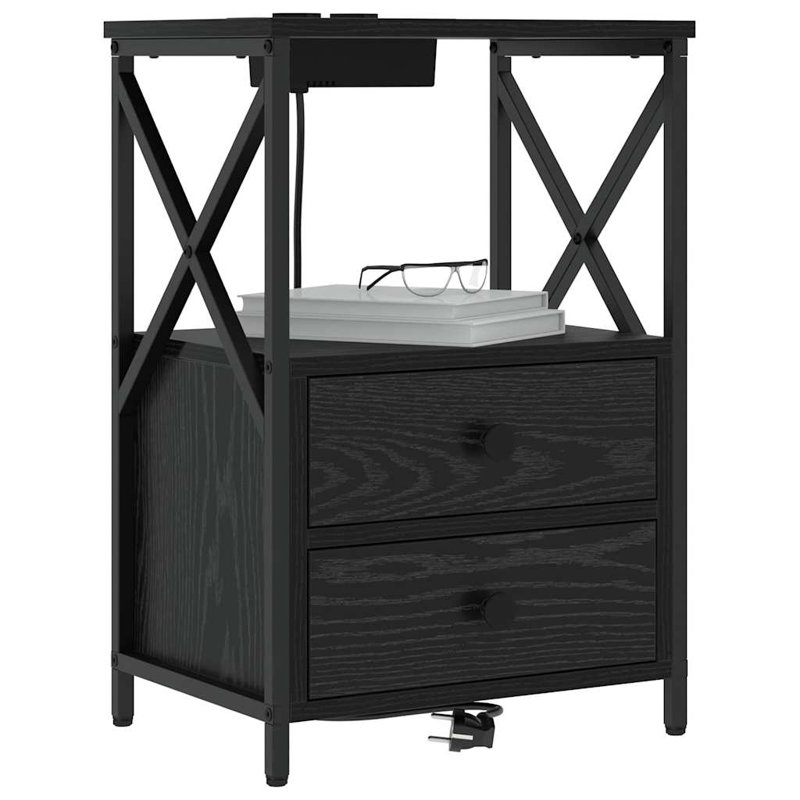 Bedside Cabinet With Charging Station With Drawer, Black Oak