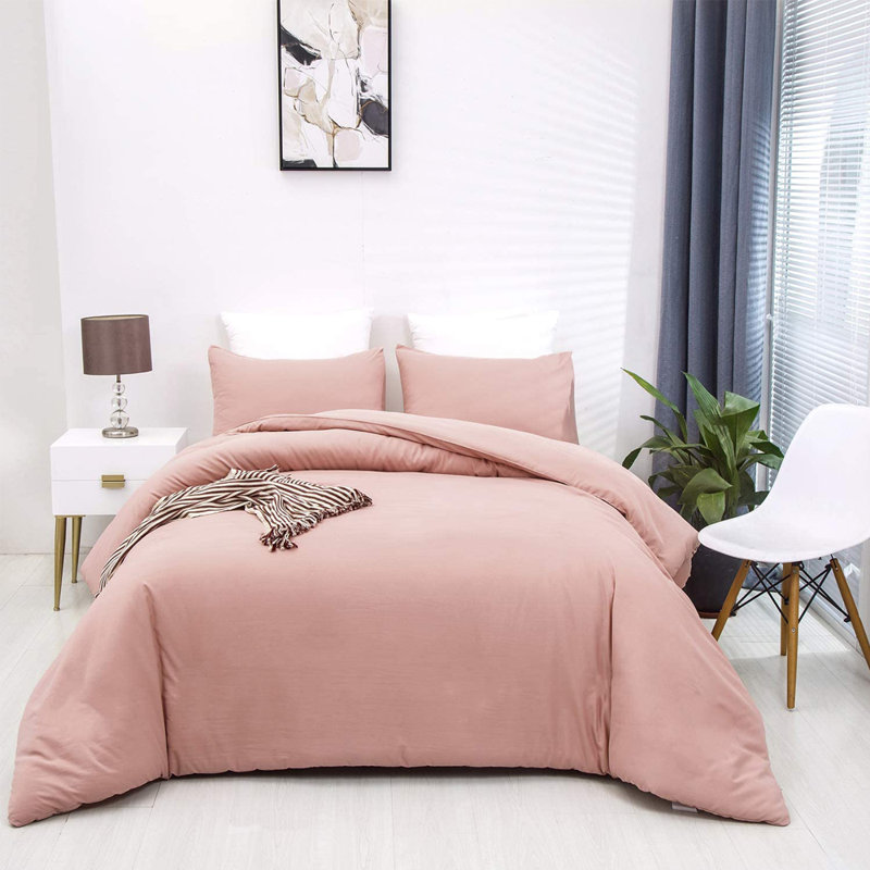 Solid Color Comforter Light Color 3 PCs Bedding Set Pure Color Bed Comforter Set, Queen Comforter + 2 Pillowcases, Pink