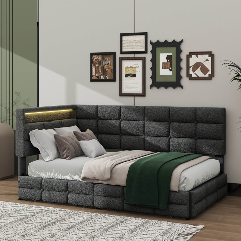 Upholstered Twin Daybed With Dual Storage Drawers, Charging Station, LED Lighting, And Storage Headboard, Gray