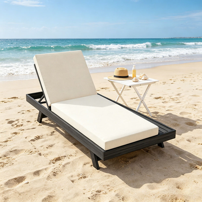Lounge Chaise Set, Space Available On One Side, Acacia Wood With Water-Resistant Lounge Cushions (4 Inch Thick), Cream, Black