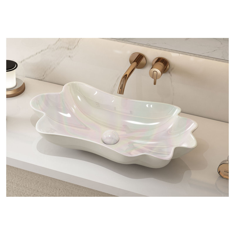 MEJE 24-Inch Unique Lotus Leaf Flower Shape Bathroom Vessel Sink, Above Counter Porcelain Ceramic Vessel Vanity Sink, Art Basin (Include Pop Up Drain)