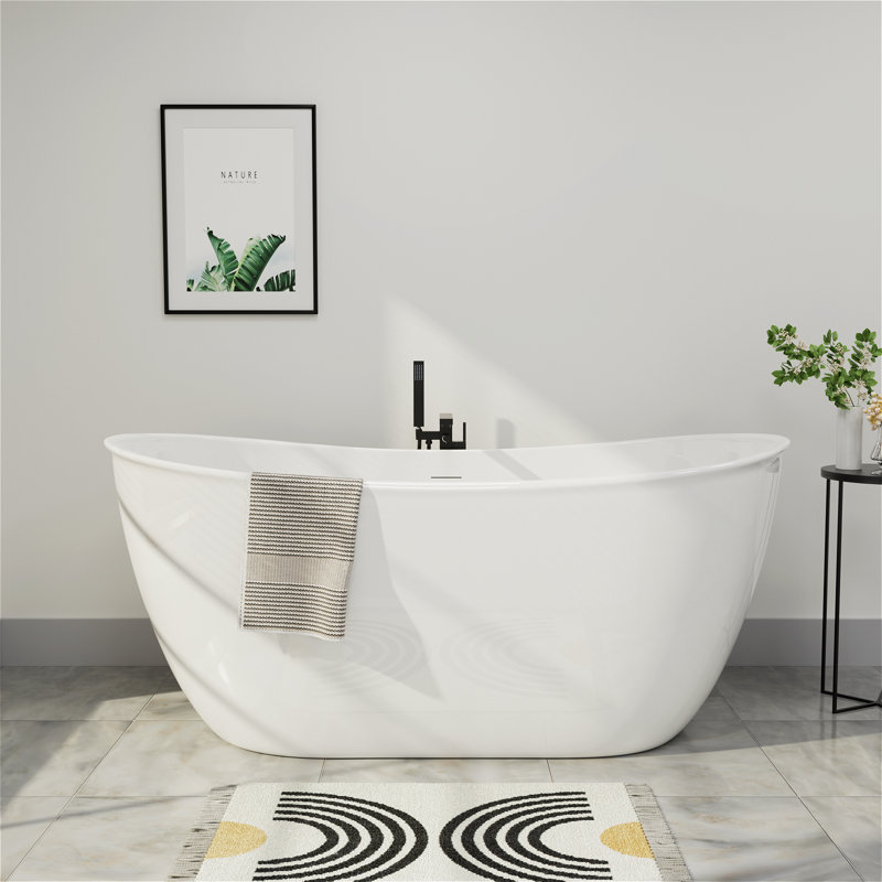 59"L x 28"W Freestanding Acrylic Oval Bathtub, Double Slipper Design with Chrome Drain & Overflow, Spa-Inspired Luxury for Modern Bathrooms
