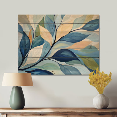 Bleu et vert feuilles de sépia délavées - Art mural en bois traditionnel sur bois de pin naturel