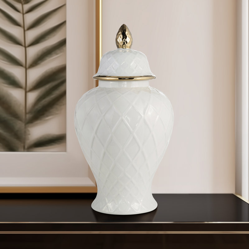 Pot décoratif en céramique avec couvercle texturé et détails élégants Ellport, H 20 po x l 11 po x P 11 po, Blanc / Doré