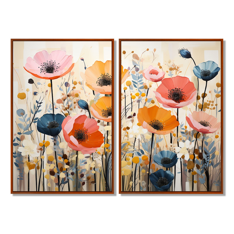 Corail orange fantaisiste botanique sauvage I - art mural moderne 2 panneaux, H 36 po x l 48 po, Brun