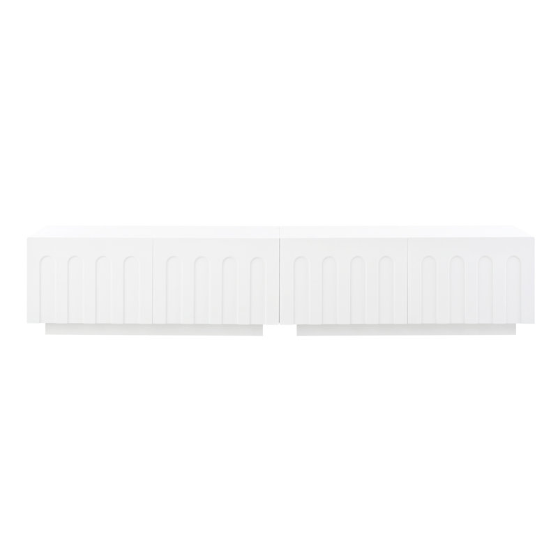 Élégant meuble télé blanc pour les grands téléviseurs, table basse avec 4 tiroirs cachés, design arqué avec une touche de classe, matériel multi-usage: et table, conception de rangement de tiroir, performance durable