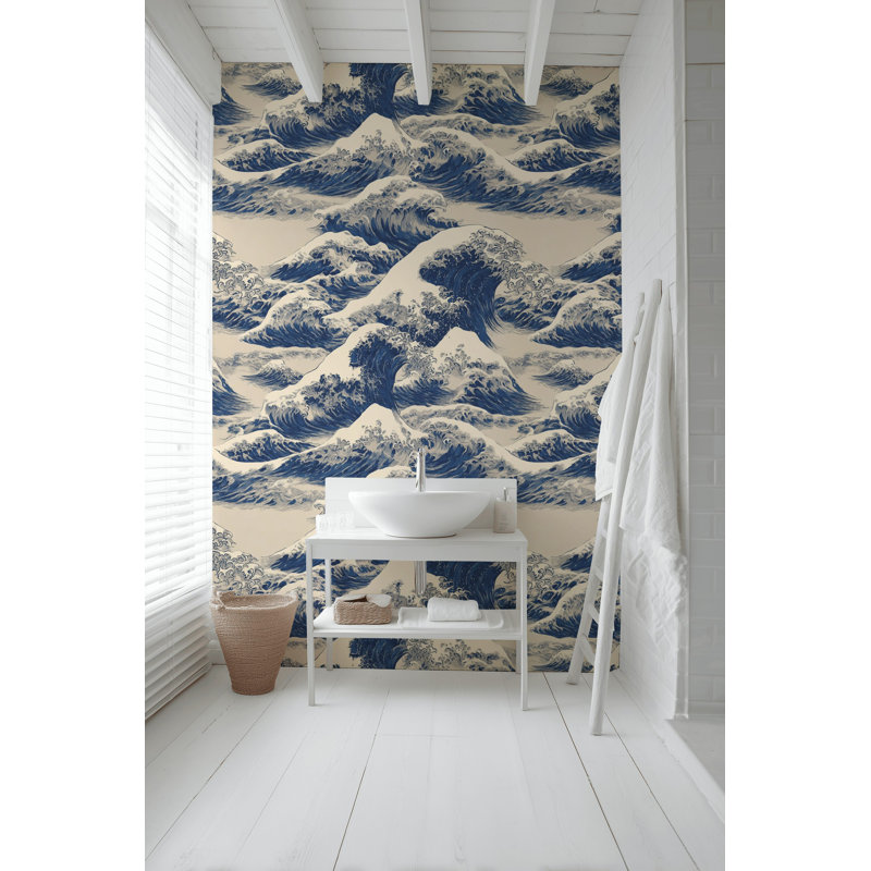 Décoration murale japonaise, papier peint vagues japonaises