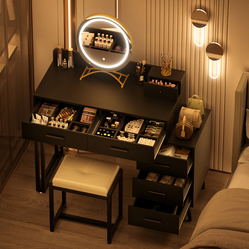 Bureau de coiffeuse avec tabouret et miroir DEL Grosmark, Noir