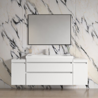 Meuble-lavabo mural moderne avec lavabo | Ensemble de meuble-lavabo blanc brillant Niagara Panneau de fibres à densité moyenne non toxique 48 po | 12 + 24 + 12 | Collection Diamond 32 po
