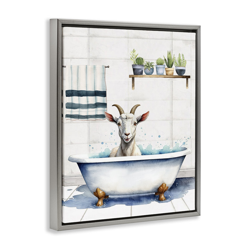 «Goat Bathtime Suds Floater», art mural sur toile par Kim Allen, Cadre flottant gris lustré, H 31 po x l 25 po