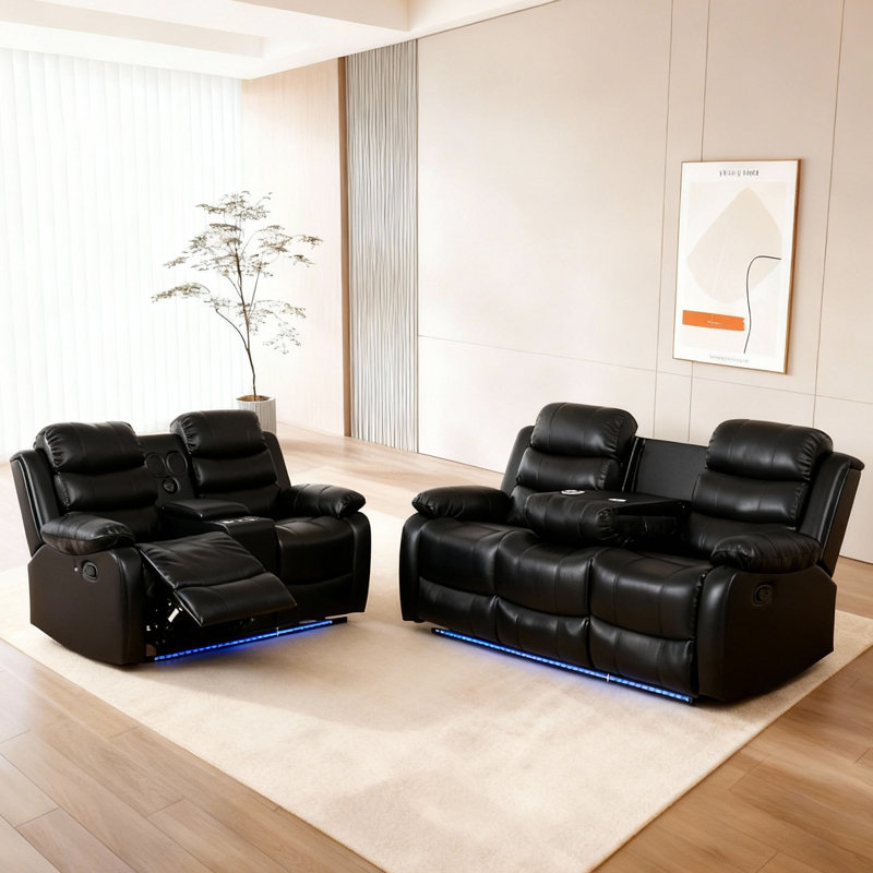 Ensemble de canapé manuel inclinable: causeuse avec Bluetooth / USB et canapé avec éclairage DEL, Noir