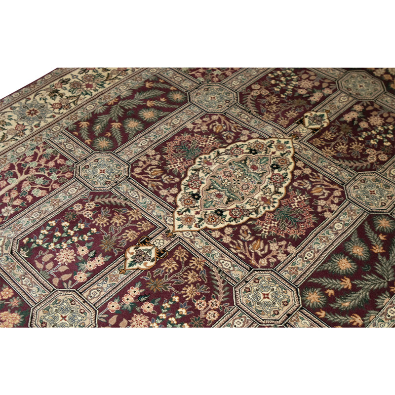 Tapis vert / beige / rouge noué à la main de haute qualité