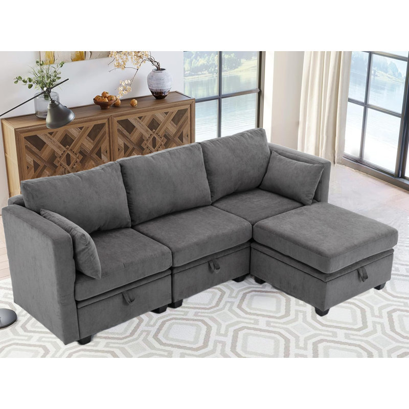 Jescie 4 - Piece Upholstered Modular Sofa, Seats with Storage, Dark Gray Polyester