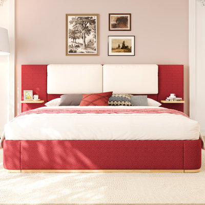 Red Upholstered Queen Size Platform Bed Frame, - Collision Design, Quiet Use, Slats, Side Shelves For Tidiness With Panel, Soft Rounded Corners, Stable Structure, No Box Spring, Items