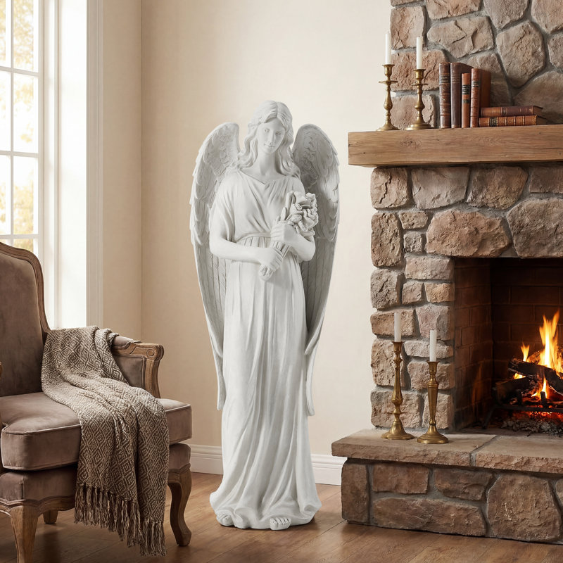 Grandes statues d'extérieur 45 po, ange de jardin tenant des fleurs, sculpture pour patio, cour et maison, blanc