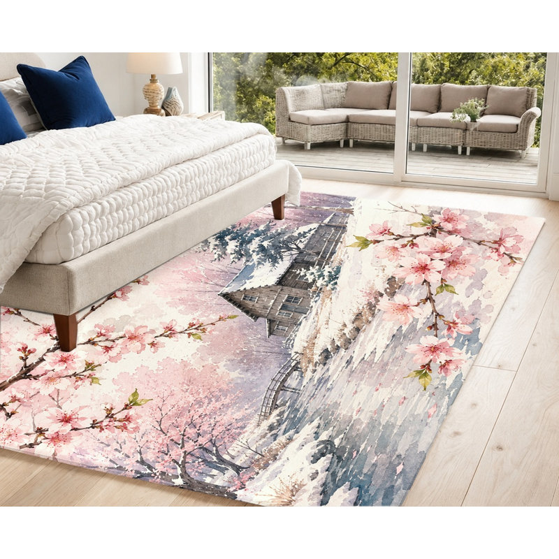 Tapis lavable à la machine Watercolor Cherry Blossom Snow House, Rectangle 9 pi 10 po x 6 pi 7 po (300 x 200 cm)