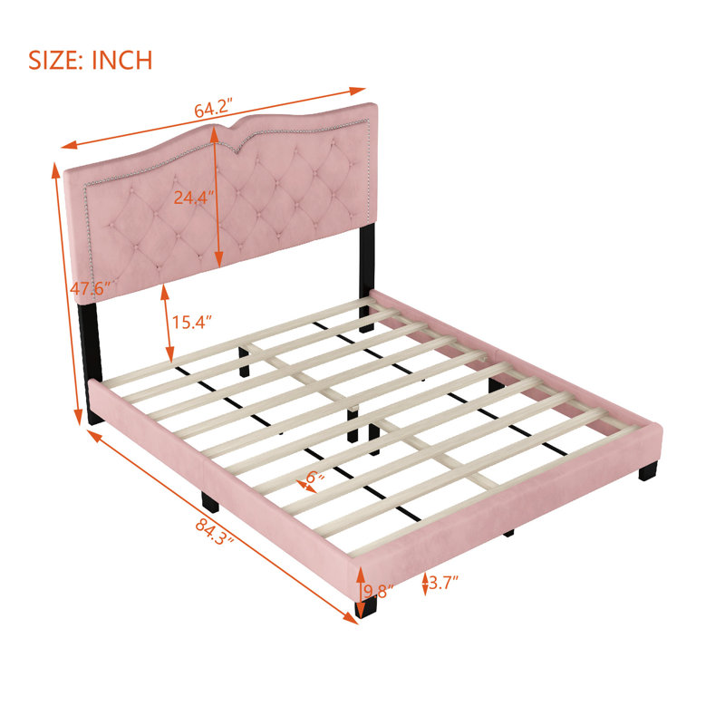 Tête de lit en rose avec plateforme tapissier en velours moderne avec cadre de rivet et rivets décoratifs