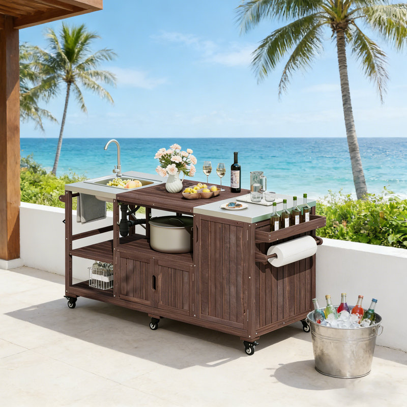 Chariot de cuisine d'extérieur avec évier, table de préparation pour barbecue en bois massif avec rangement pour patio, Brun