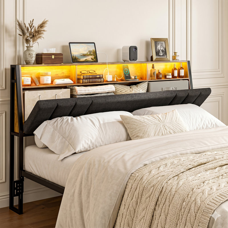 Hidden Storage Headboard King Size With Charging Station, Ergonomic Upholstered King Headboard Only With Led Lights, 2 Outlets & 2 Usb Ports, Attach Frame, Easy Assembly, Dark Grey