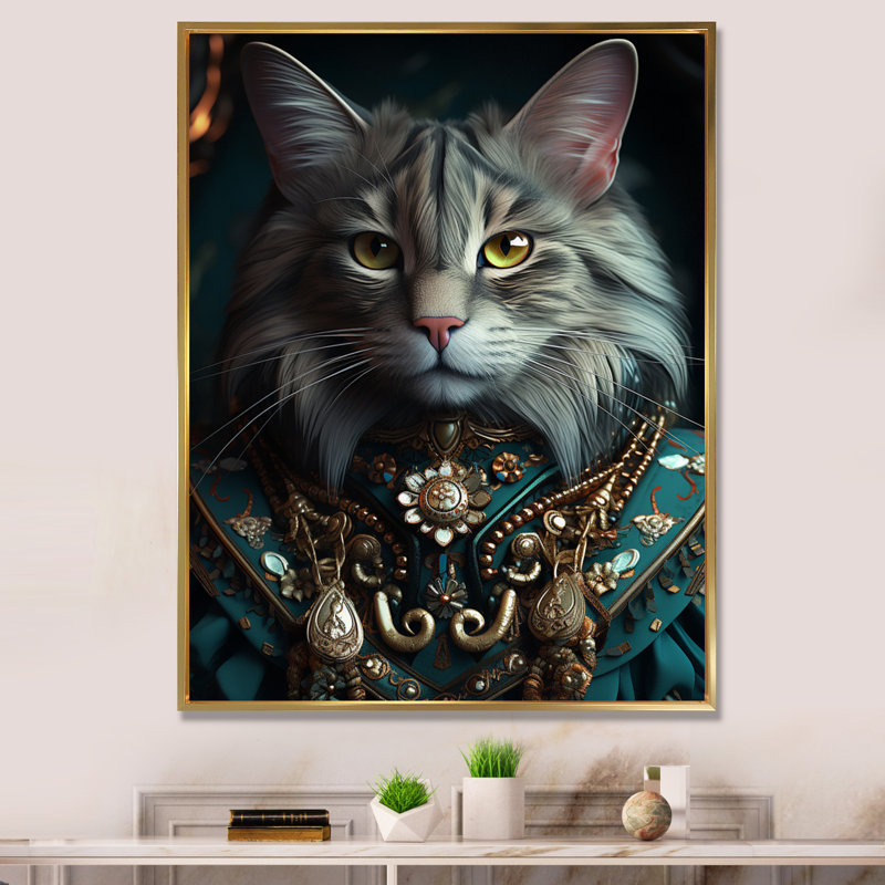 Portrait de chat majestueux, tenue royale glam rétro, Cadre flottant doré, H 32 po x l 16 po x P 1 po