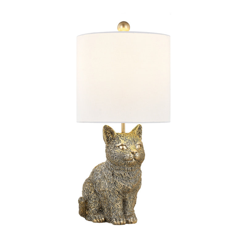 20" Resin Cat Table Lamp With Shade, White, Gold