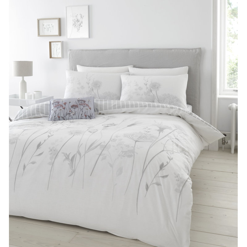 Meadowsweet Floral Reversible Duvet Cover Set with Pillowcases, White/Grey, King Duvet Cover + 2 Standard Pillowcases