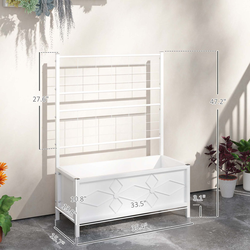 Garden Bed With Trellis,Outdoor Planter Box Galvanized Raised Garden Bed,For Climbing Vines, White