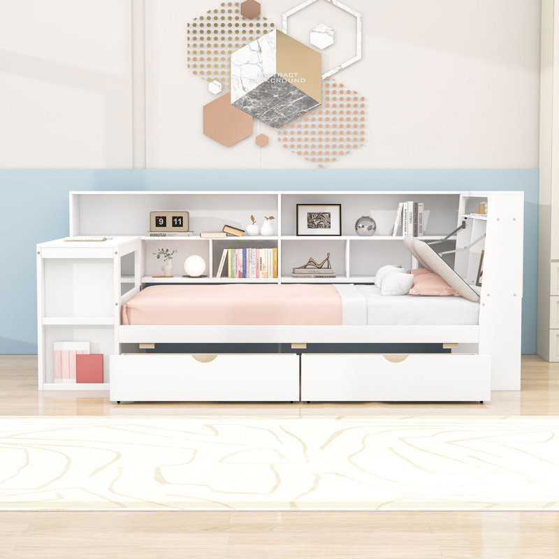 Lit de jour en bois à deux tiroirs avec lumière RVB, tablettes et bureau, Lit simple, Blanc