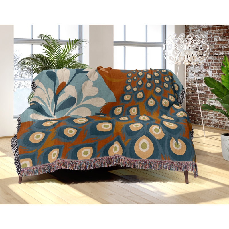 Jeté en mélange de coton Nivo Peacock, Orange brûlé, L 60 po x l 50 po