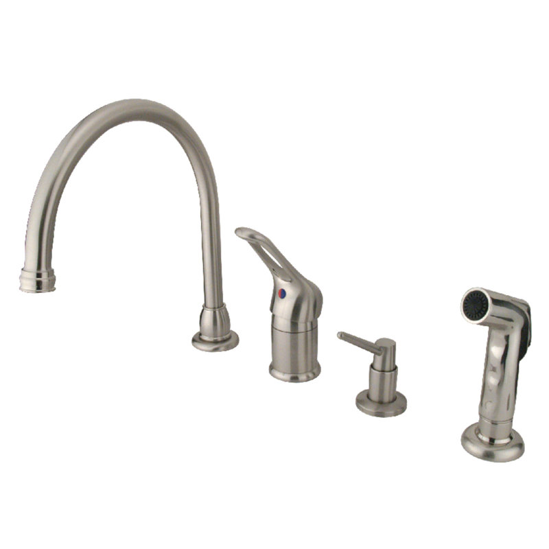 Kingston Brass Wyndham Single-Handle Widespread Kitchen Faucet with Side Sprayer, Brushed Nickel, With Soap Dispenser