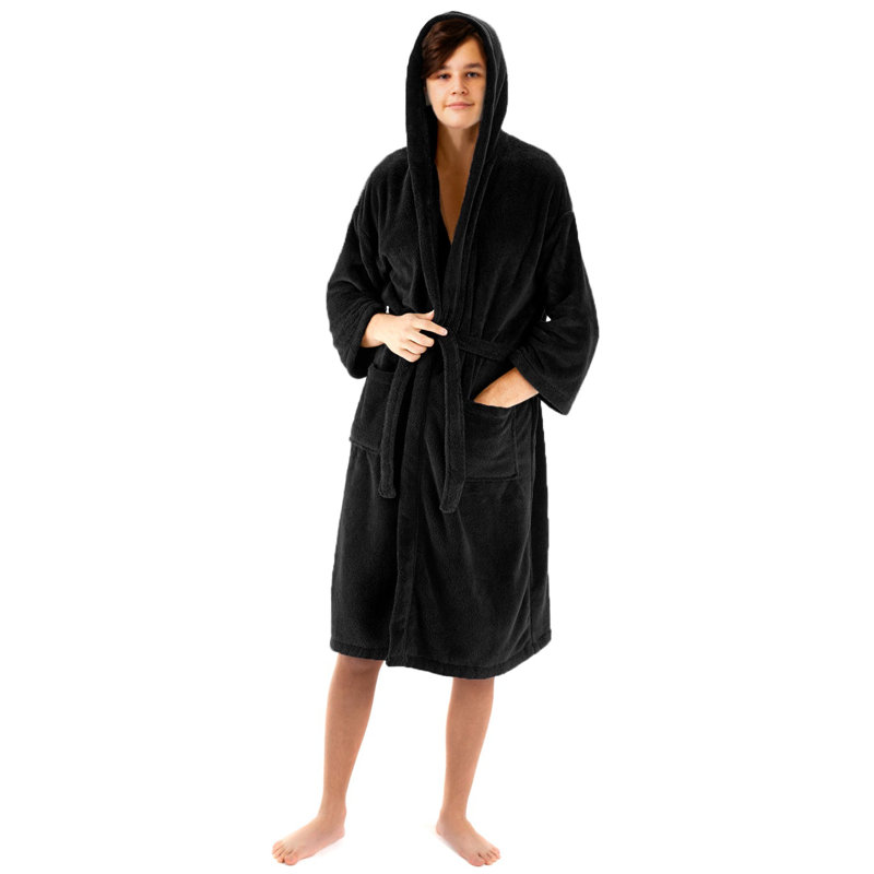 Peignoir 100% microfibre molletonné au-dessus du genou avec poches et capuche, S, Noir