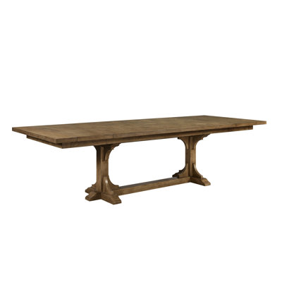 Table à tréteaux de couleur amande, 84 po à 114 po, plateau de table à placage géométrique, placages, base, bois massif +, 44 po de largeur, 30 po de hauteur, 229 lb.