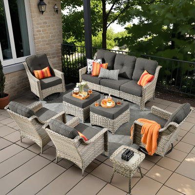 Tommy Outdoor Wicker 9 Person Seating Group With Cushions With Swivel Rocking Chairs And Side Table by Lark Manor